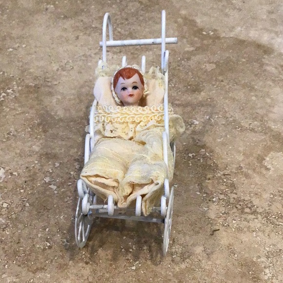 Bisque Porcelain Babydoll in Metal Carriage Ornament - Picture 2 of 6